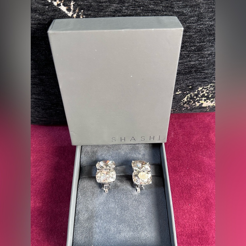 SHASHI Ricky Diamond Stud in Silver large stud dangle clip on earrings - Picture 3 of 8
